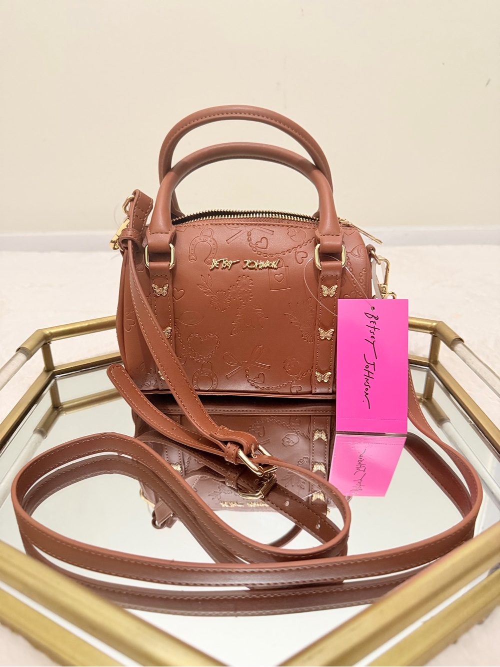 Betsey Johnson Mini Embossed Satchel in Brown with Gold Hardware